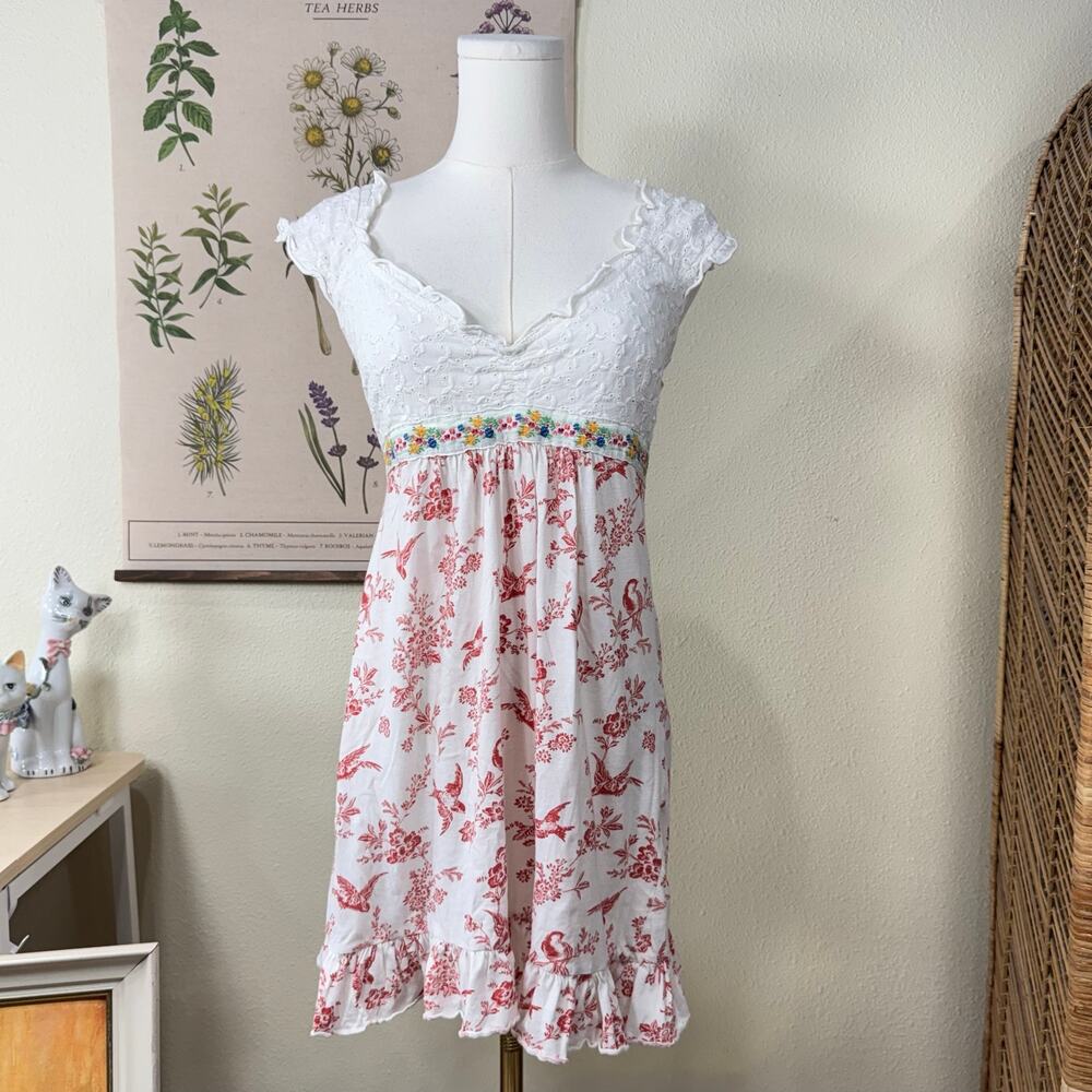 Y2k Eyelet Floral Bird Babydoll Dress Coquette Cottage Dainty Femme Dolly Kei S